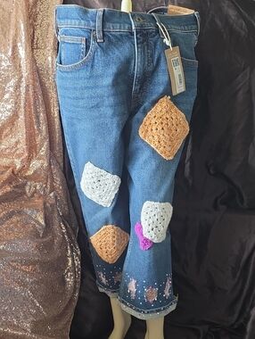 Eddie Bauer Blue Crocheted Patchwork Ankle Jeans